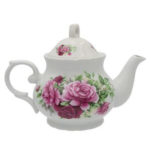 Pink Roses Floral Pattern White Ceramic Teapot 32oz